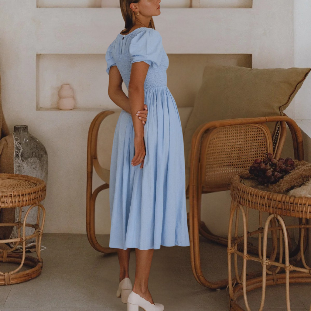 Linen Midi Dress Puff Sleeves