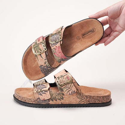 Double Buckle Cork Footbed Slide Sandals
