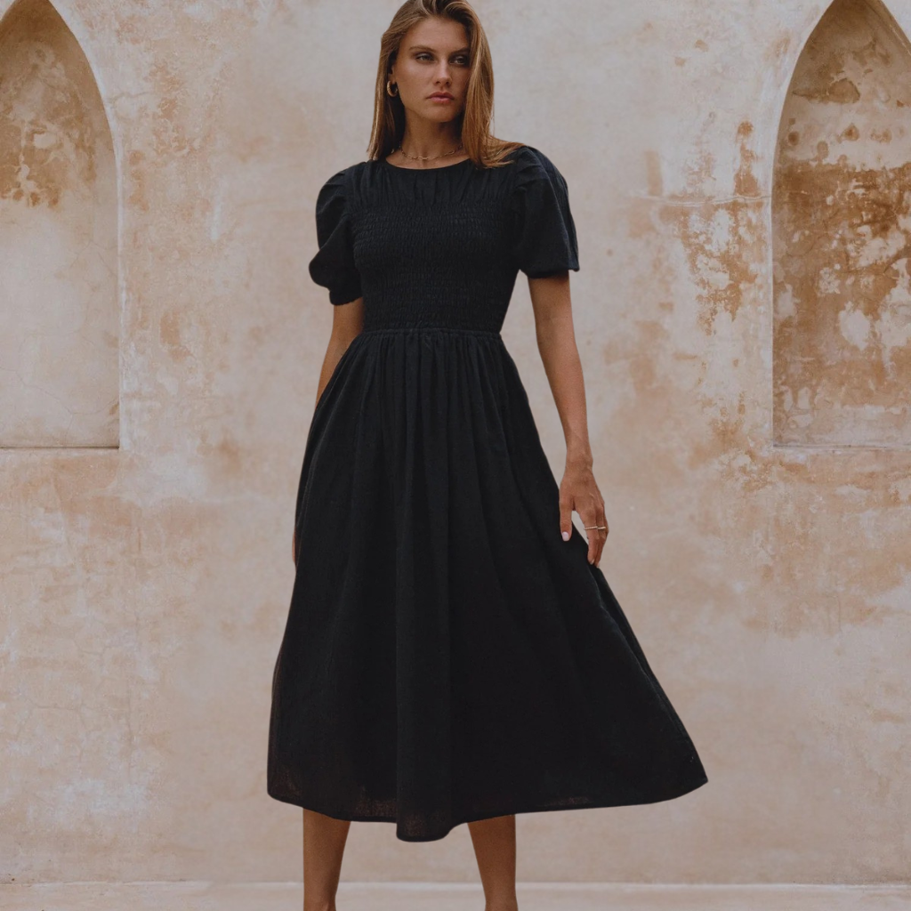 Linen Midi Dress Puff Sleeves