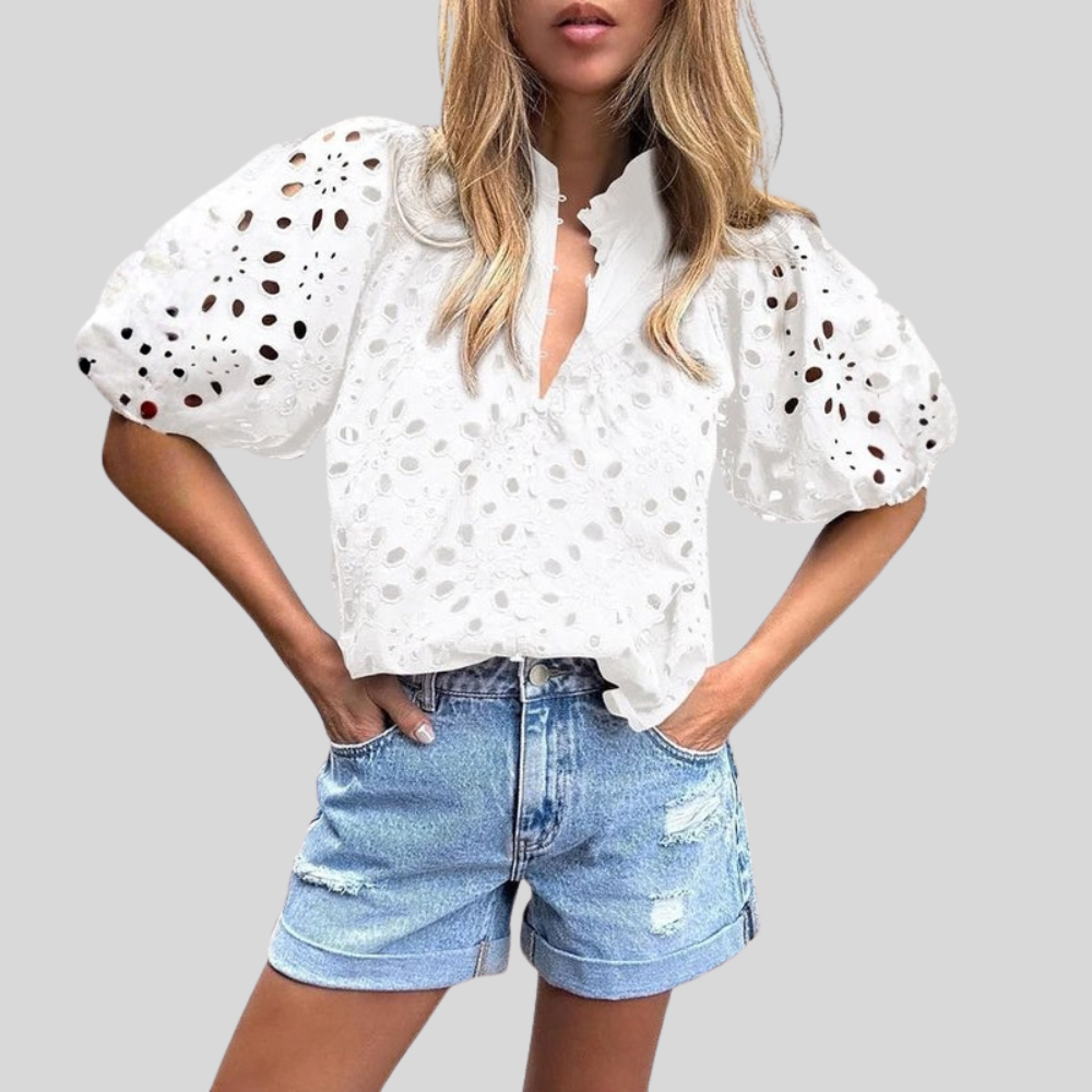 Textured Hollow Puff Sleeve Top