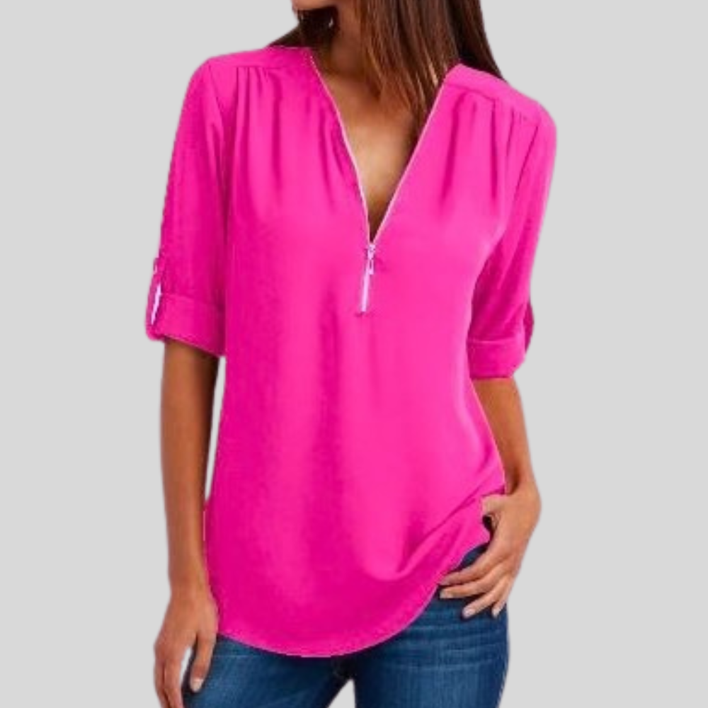 Sleek Zipper V Neck Top