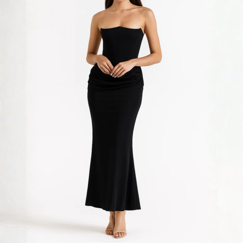 Striking Strapless Draped Maxi Dress