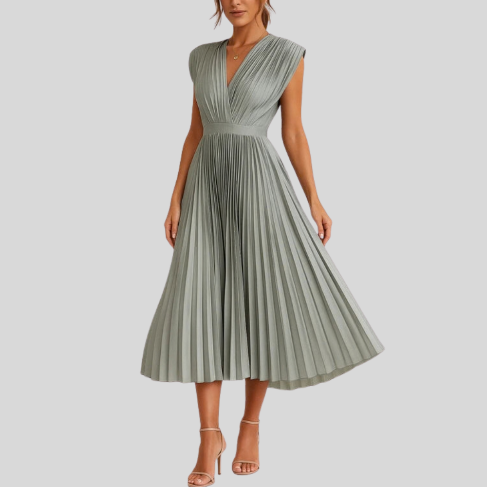 Pleated V Neck Midi Dress