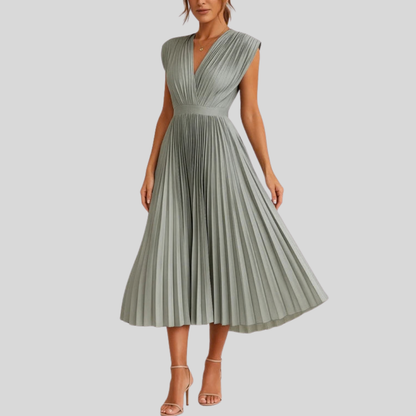 Pleated V Neck Midi Dress