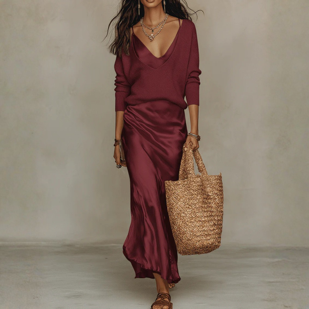 Cozy Knit Satin Midi Skirt