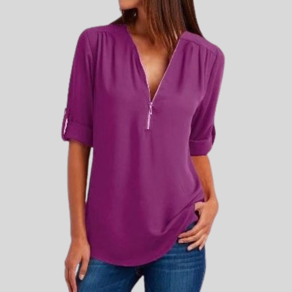 Sleek Zipper V Neck Top