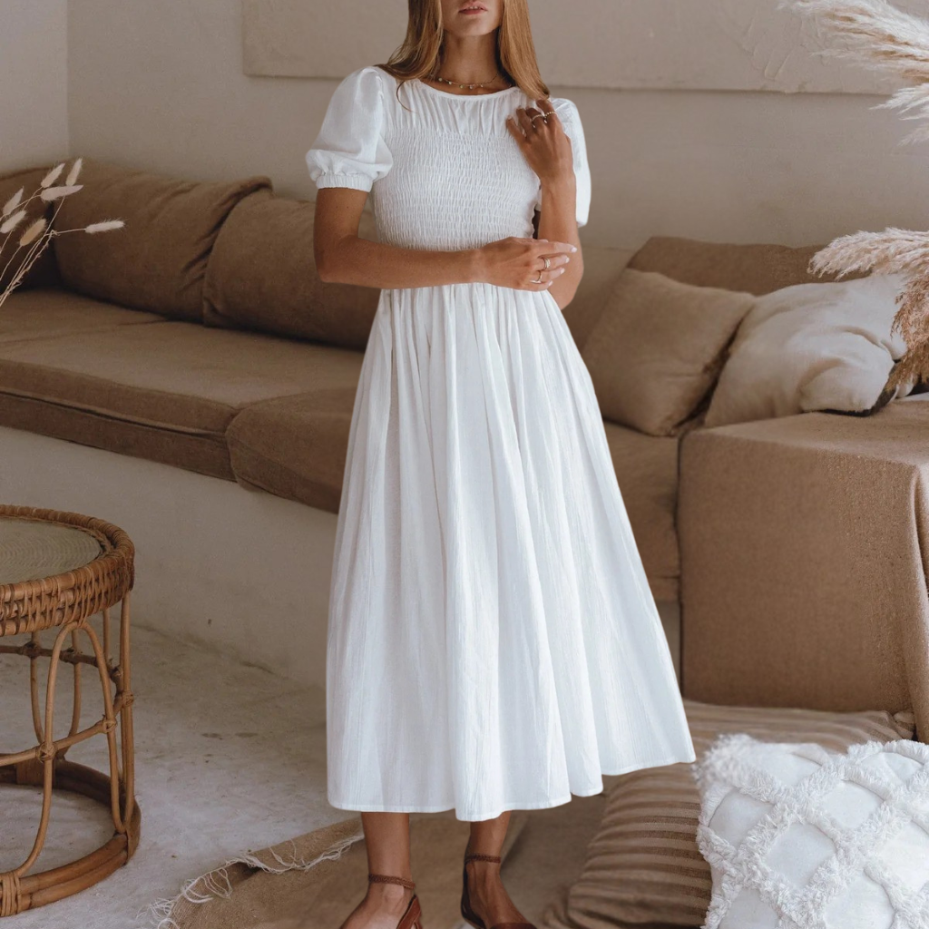 Linen Midi Dress Puff Sleeves