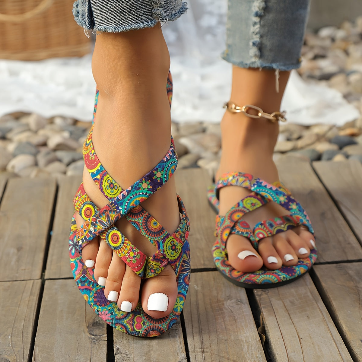 Bohemian Print T Strap Flat Sandals