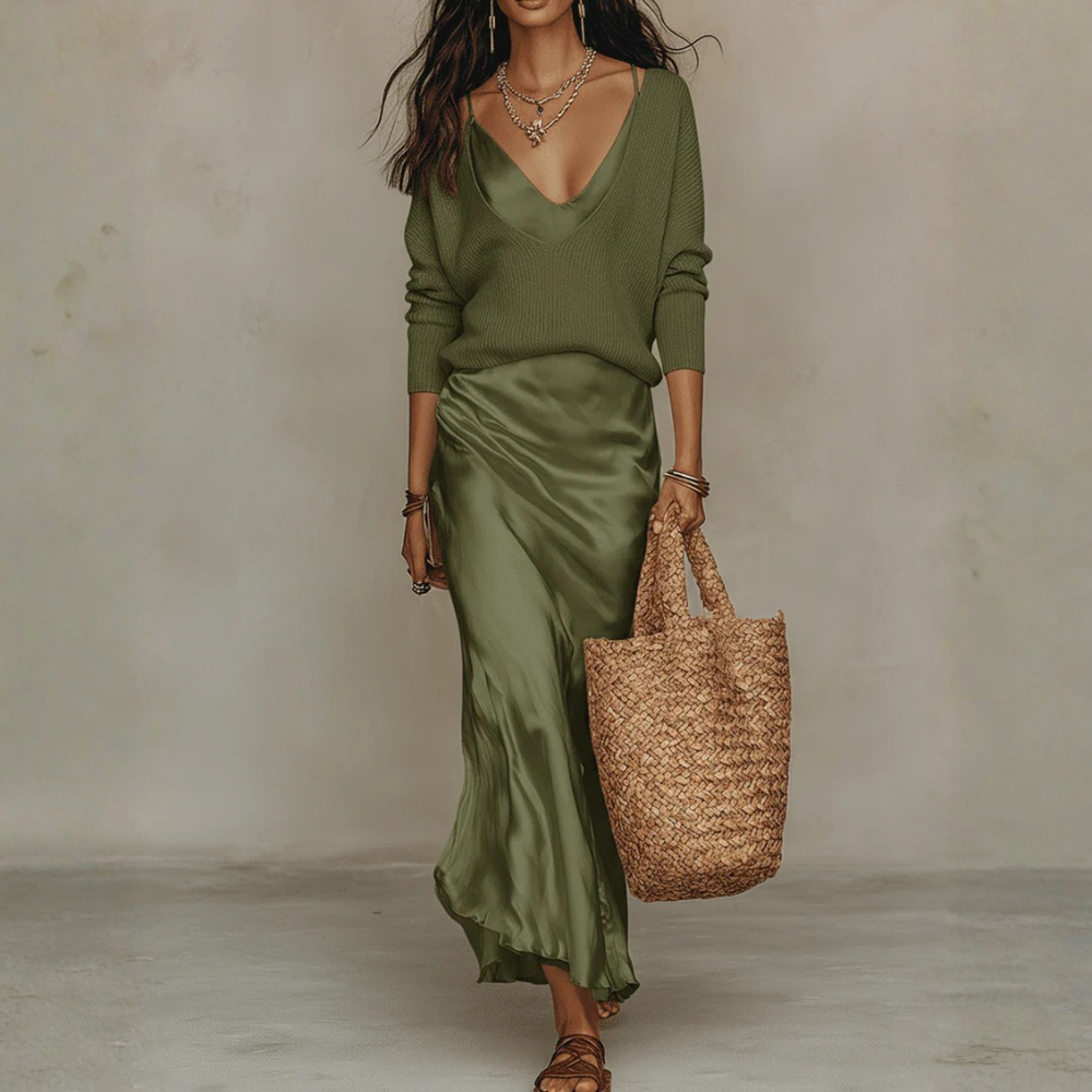 Cozy Knit Satin Midi Skirt