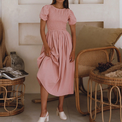 Linen Midi Dress Puff Sleeves