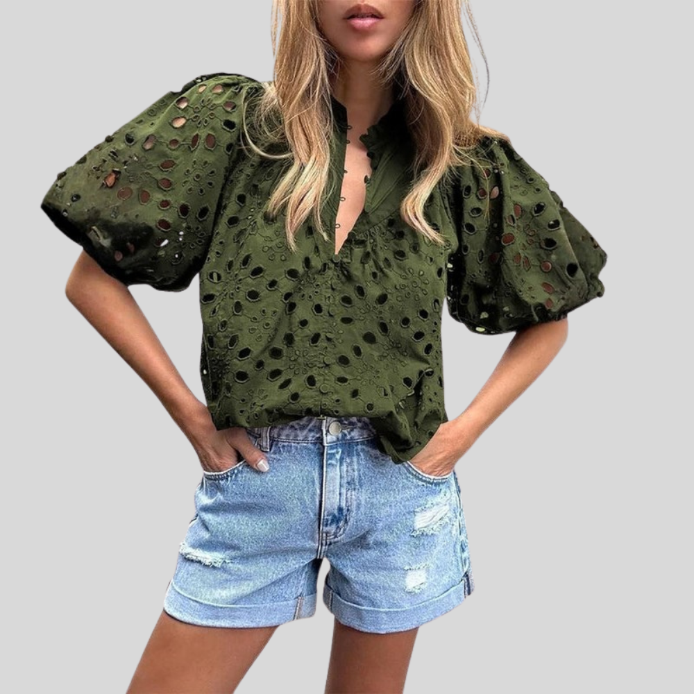 Textured Hollow Puff Sleeve Top