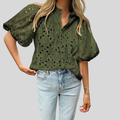 Textured Hollow Puff Sleeve Top