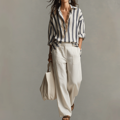 Breathable Cotton Linen Striped Shirt