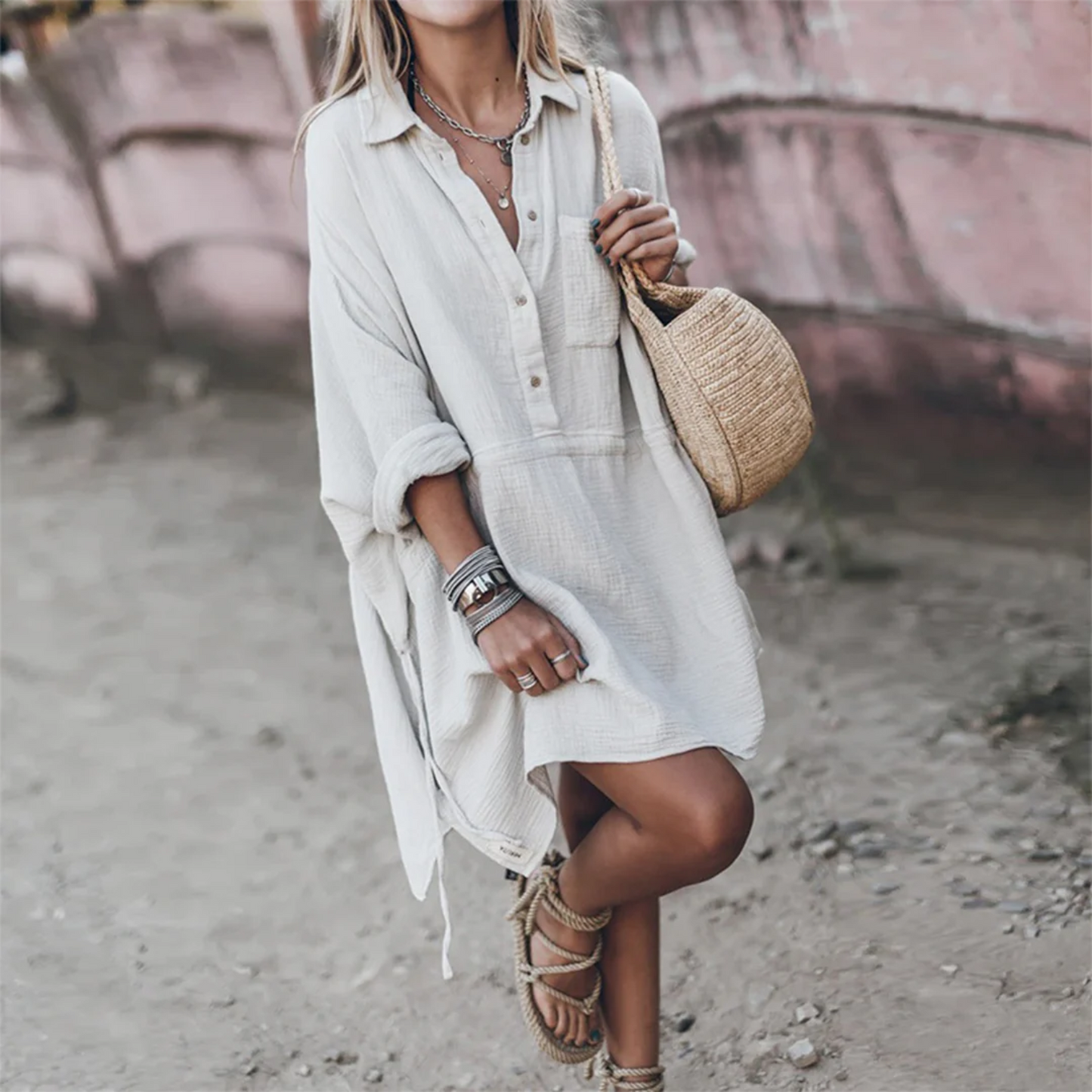 Relaxed Half Button Beach Dress