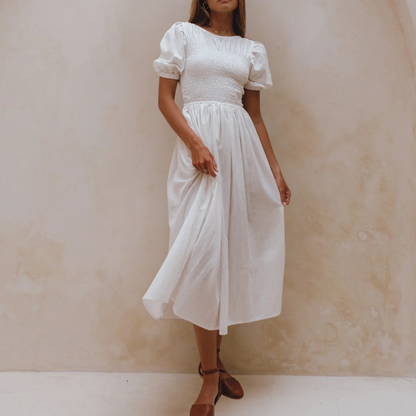 Linen Midi Dress Puff Sleeves
