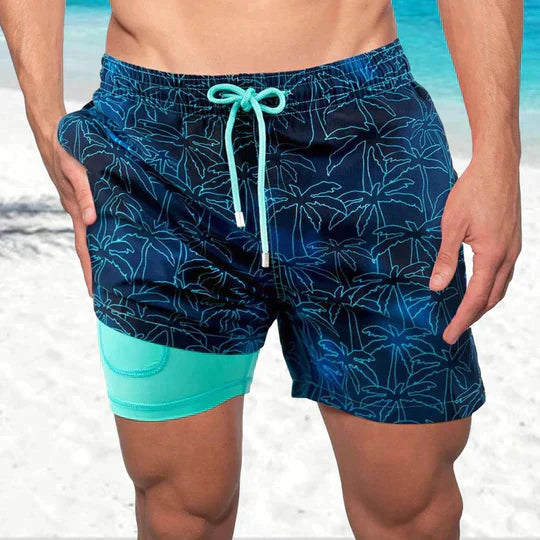 Active Swim Shorts - Quick-Dry Compression Lined Mens Swim Trunks, Two-Tone Tropical Design 0