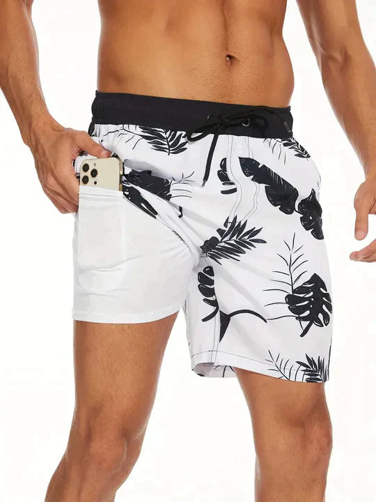 Active Swim Shorts - Quick-Dry Compression Lined Mens Swim Trunks, Two-Tone Tropical Design 2