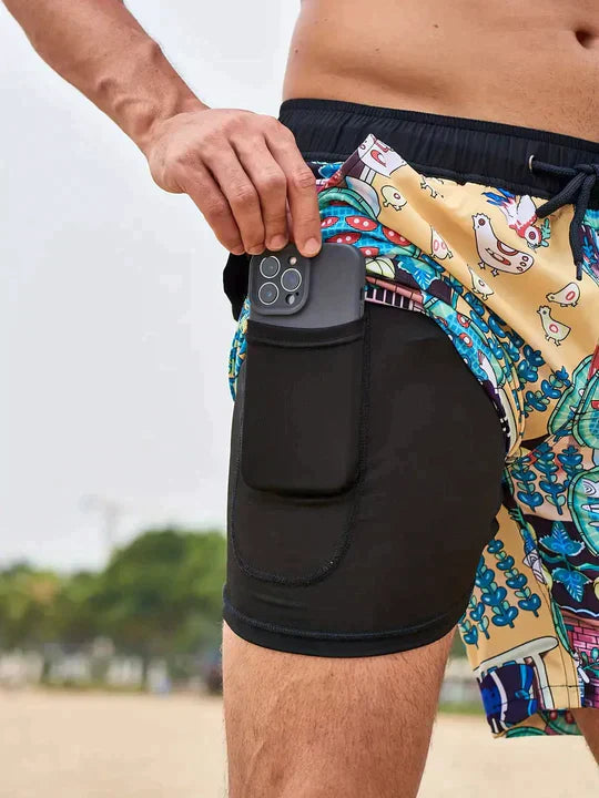 Active Swim Shorts - Quick-Dry Compression Lined Mens Swim Trunks, Two-Tone Tropical Design 7