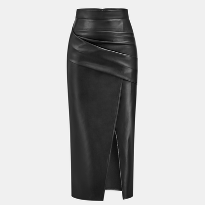 Ruched Faux Leather Midi Skirt