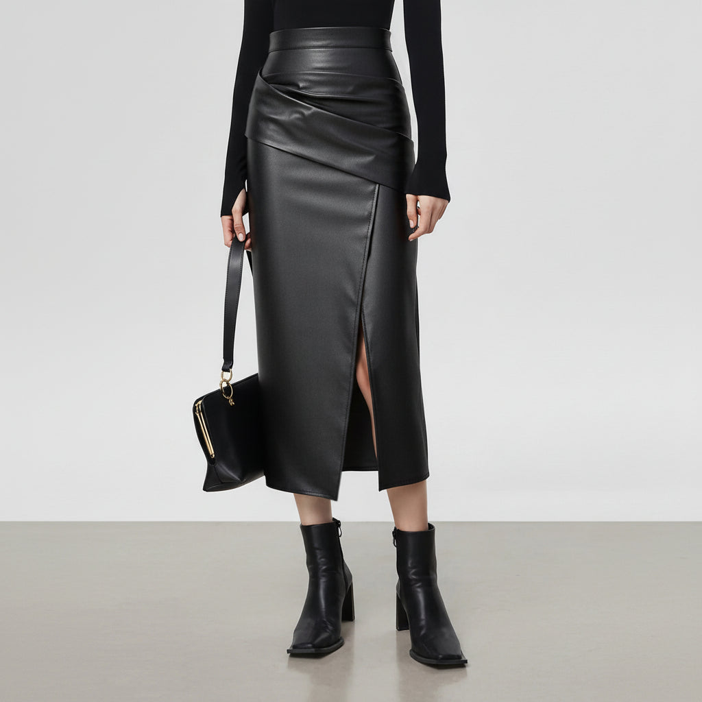 Ruched Faux Leather Midi Skirt