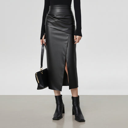 Ruched Faux Leather Midi Skirt