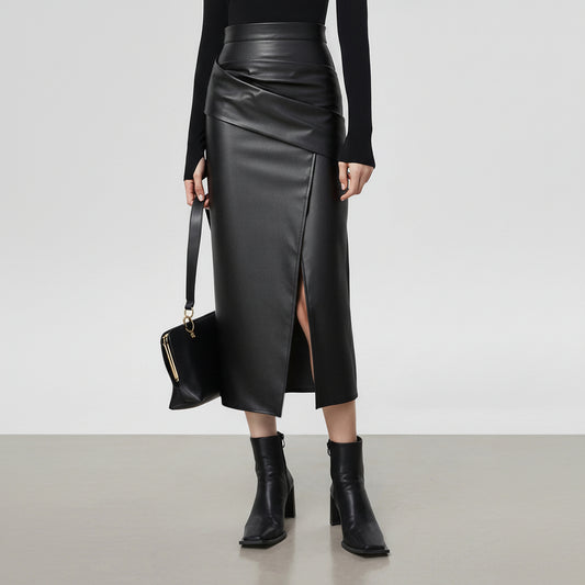 Ruched Faux Leather Midi Skirt