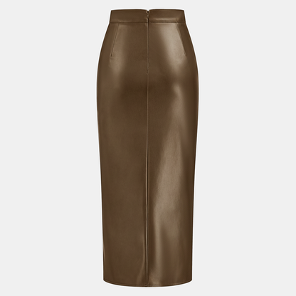 Ruched Faux Leather Midi Skirt