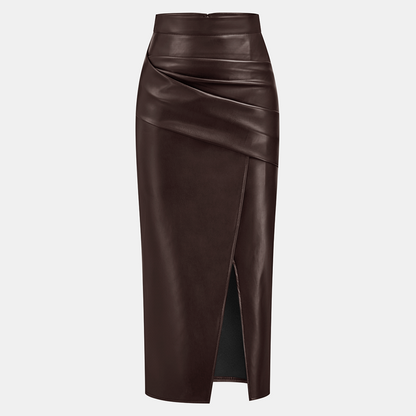 Ruched Faux Leather Midi Skirt