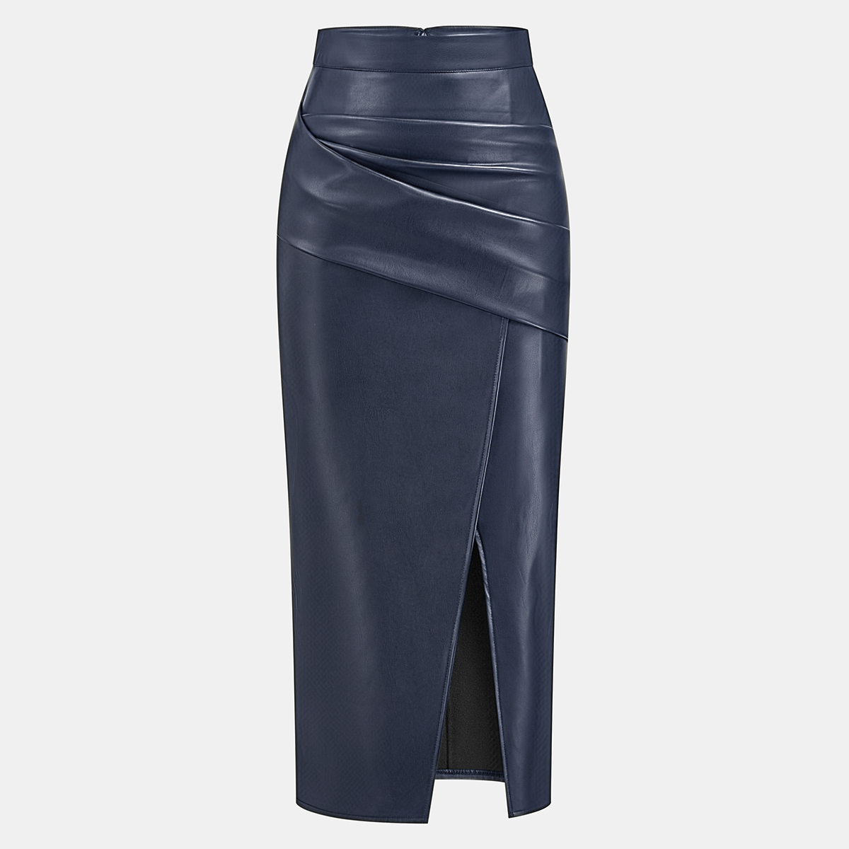 Ruched Faux Leather Midi Skirt