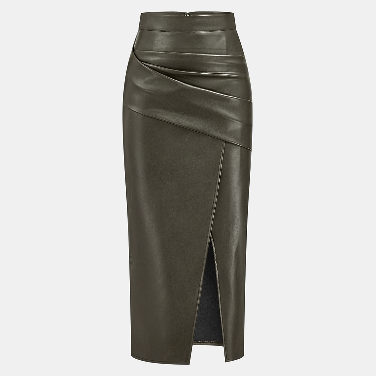 Ruched Faux Leather Midi Skirt