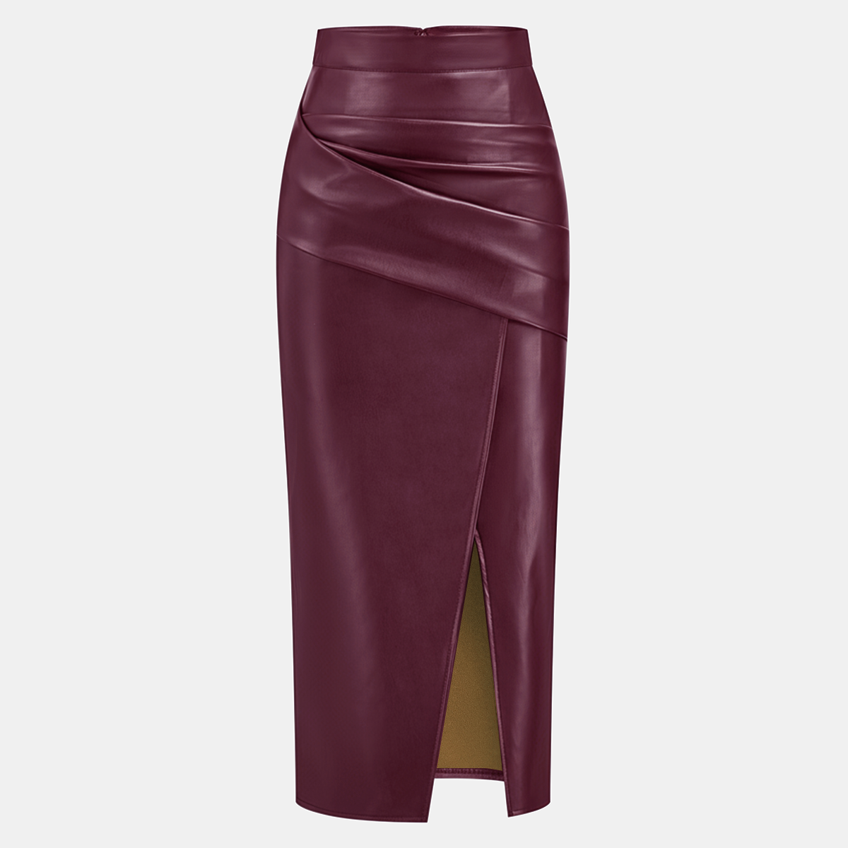 Ruched Faux Leather Midi Skirt