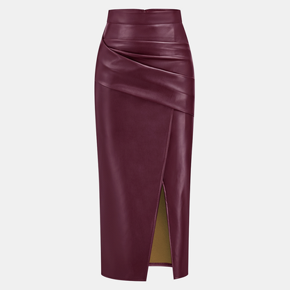 Ruched Faux Leather Midi Skirt