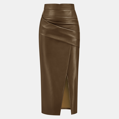 Ruched Faux Leather Midi Skirt