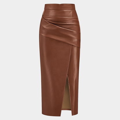 Ruched Faux Leather Midi Skirt