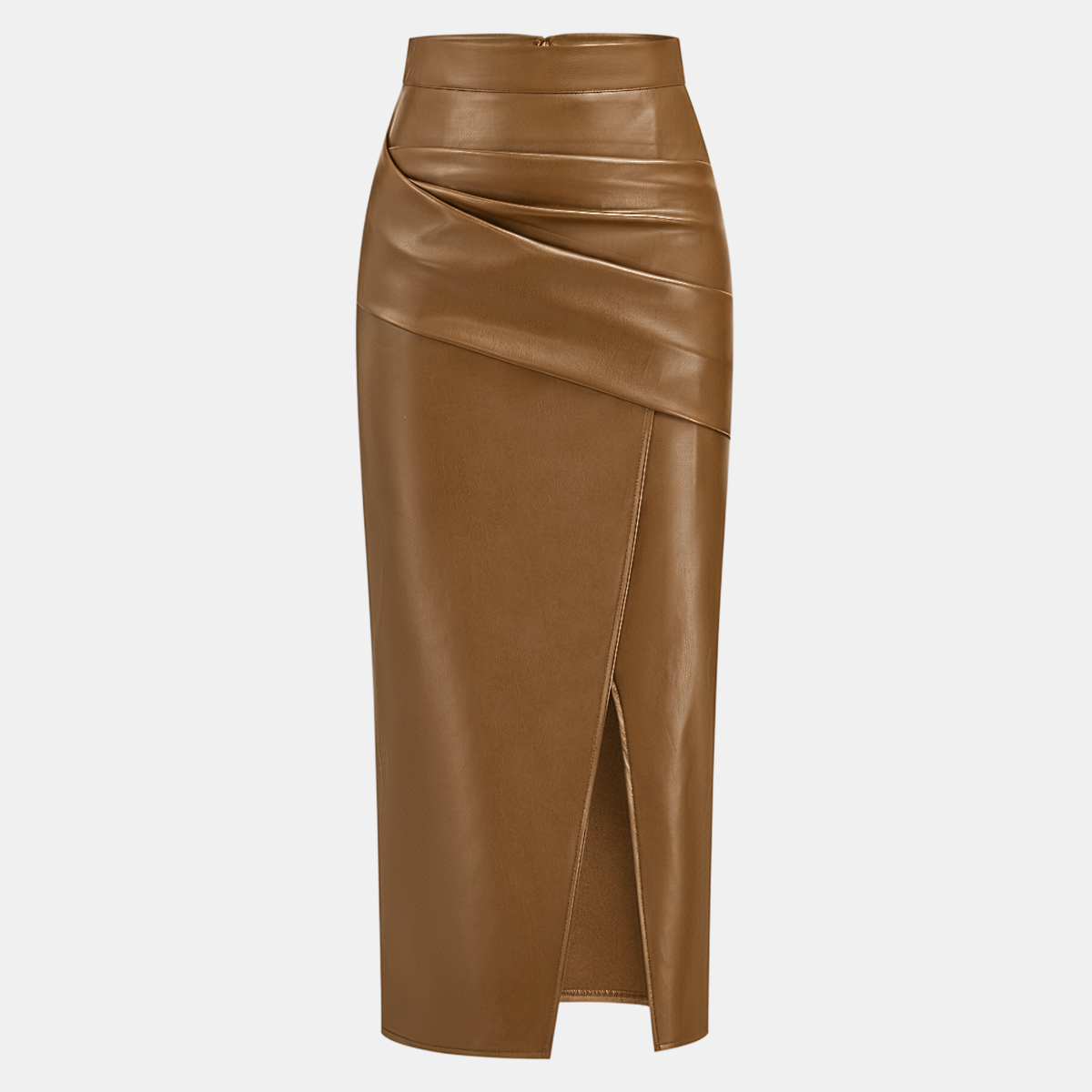 Ruched Faux Leather Midi Skirt