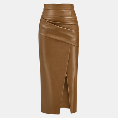 Ruched Faux Leather Midi Skirt