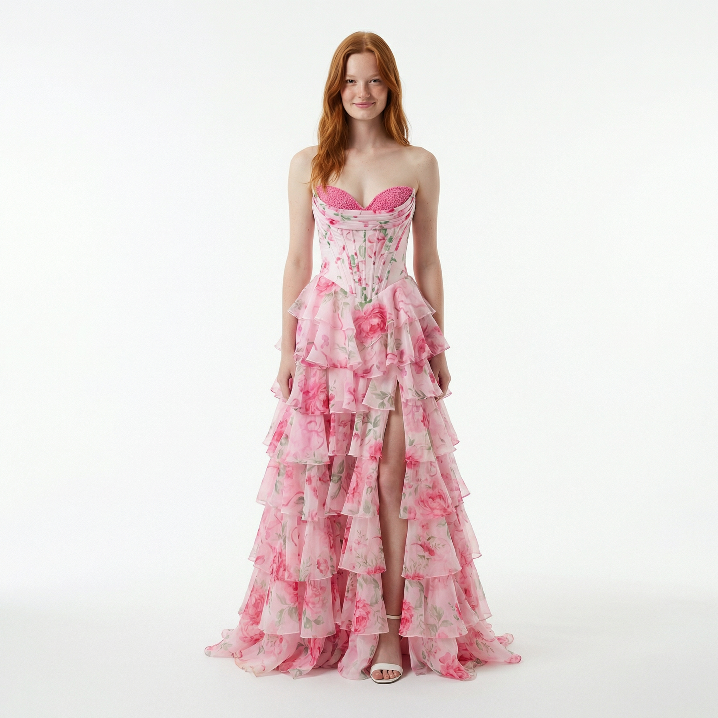 Blush A-Line Prom Dress with Sweetheart Neckline and Floral Ruffles 4