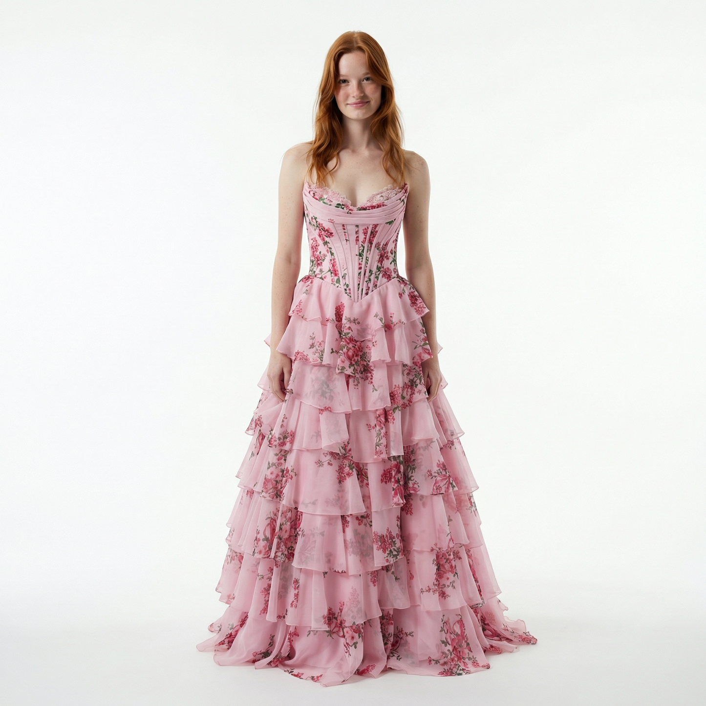 Blush A-Line Prom Dress with Sweetheart Neckline and Floral Ruffles 6