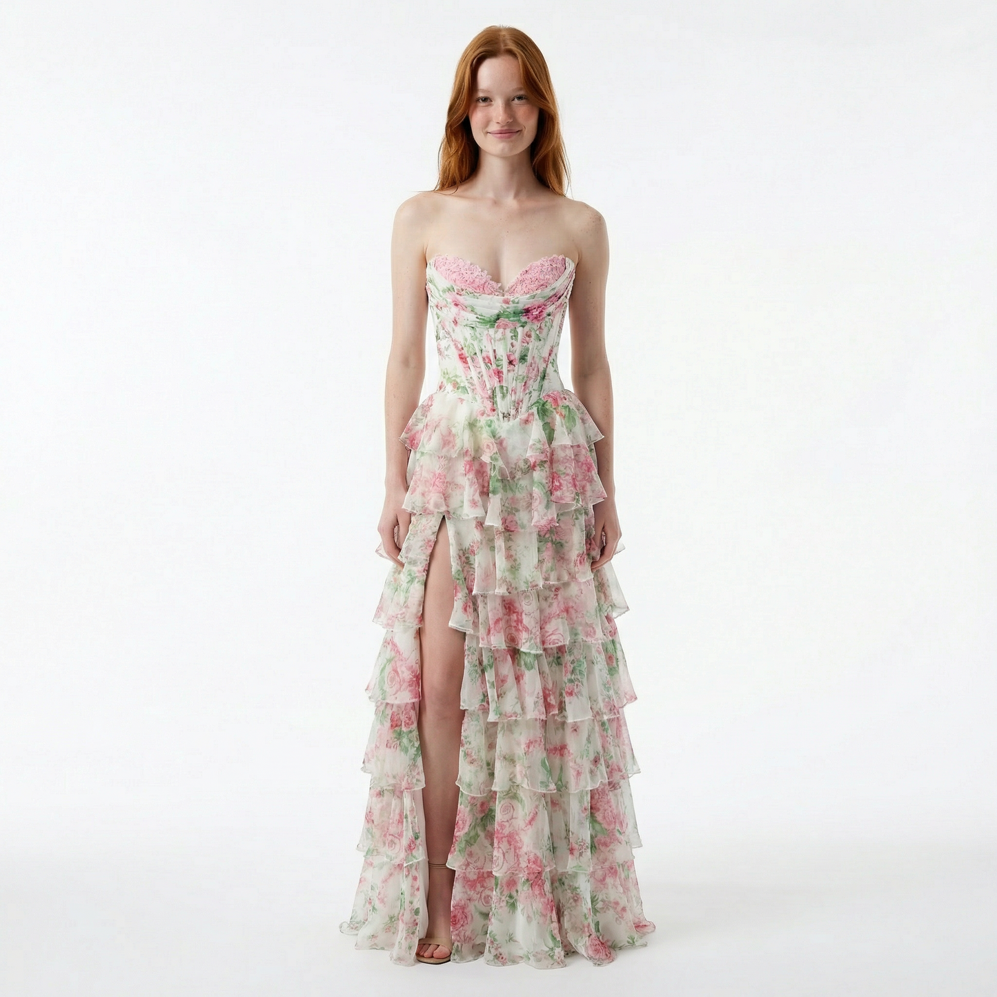 Blush A-Line Prom Dress with Sweetheart Neckline and Floral Ruffles 7