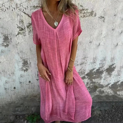 Bohemian Cotton Linen Loose Dress - Vintage V-neck Beach Style 0