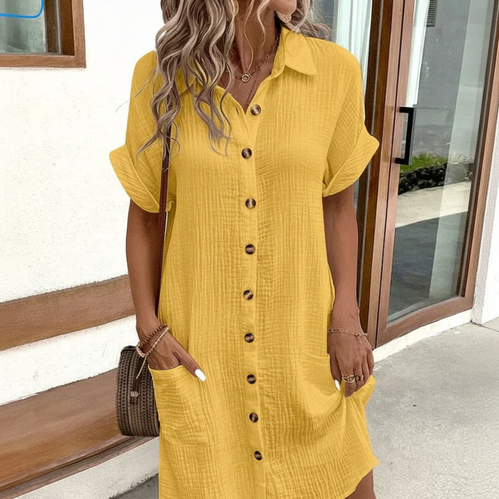 Casual Cotton Shirt Dress with Button Placket and Functional Pockets 1