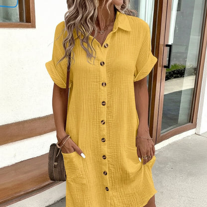 Casual Cotton Shirt Dress with Button Placket and Functional Pockets 1