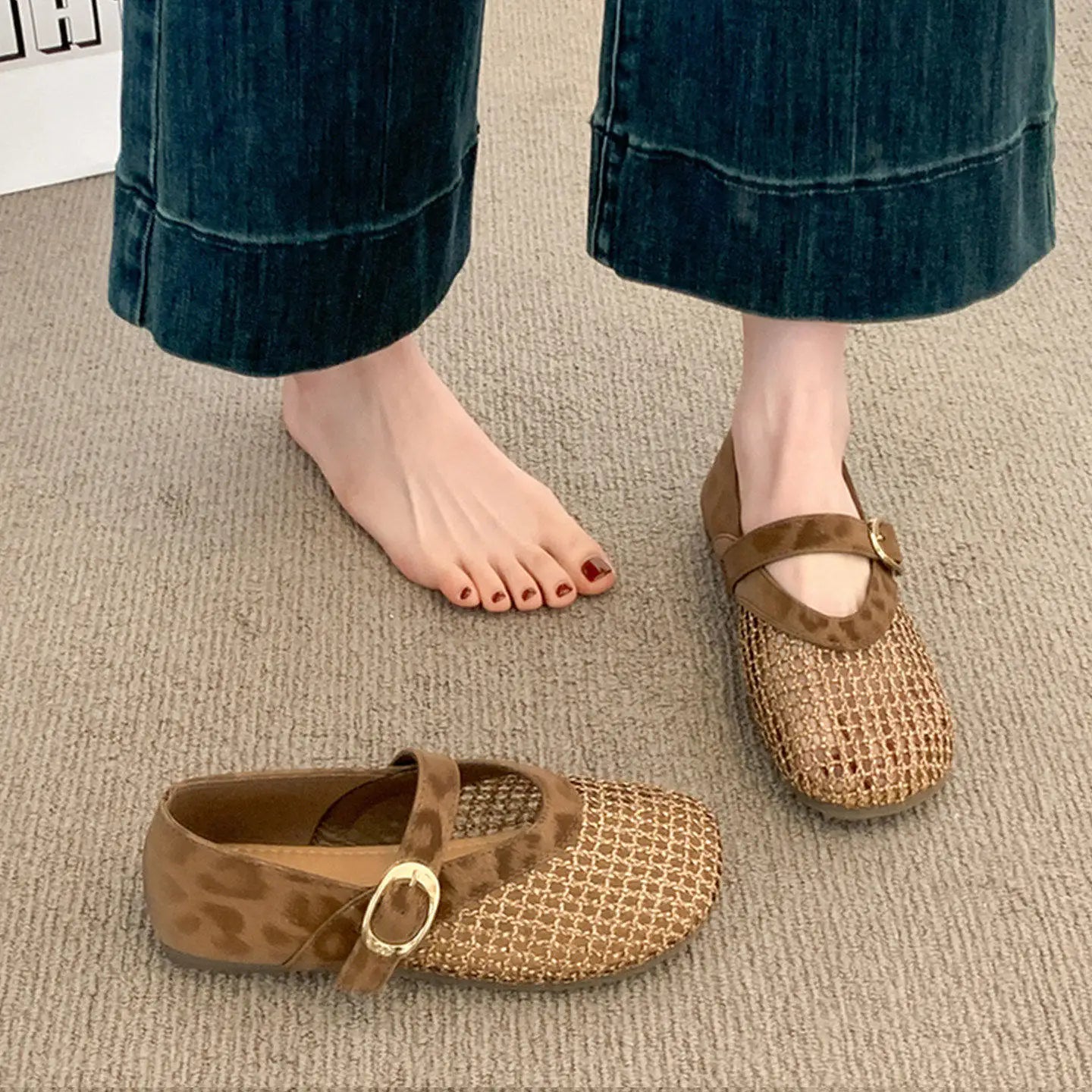Casual Flat Shoes - Breathable Mesh with Leopard Print Trim 2