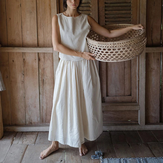Chic Cotton Linen Women's Set - Summer Two Piece Sets with Sleeveless Top & Flowing Skirt 0