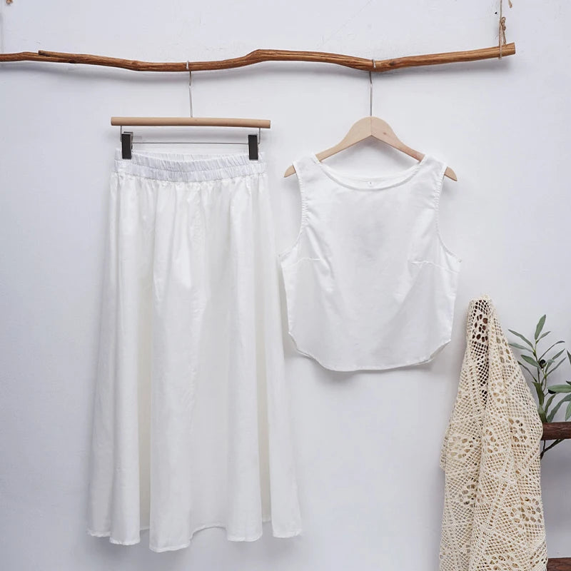 Chic Cotton Linen Women's Set - Summer Two Piece Sets with Sleeveless Top & Flowing Skirt 1