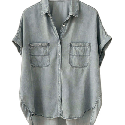 Chic Denim Button-Up Blouse with Long Sleeves for Effortless Style 0