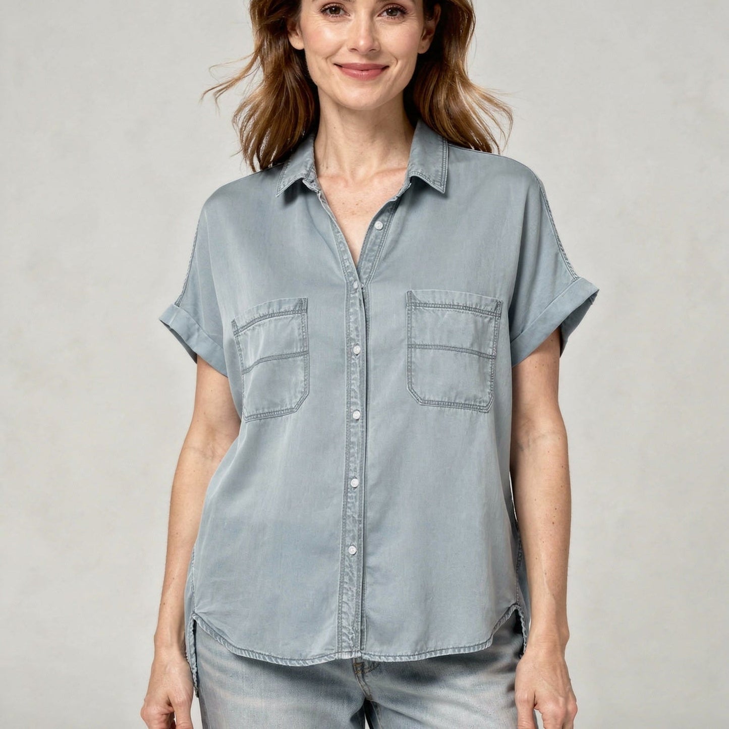 Chic Denim Button-Up Blouse with Long Sleeves for Effortless Style 1