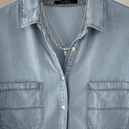 Chic Denim Button-Up Blouse with Long Sleeves for Effortless Style 3