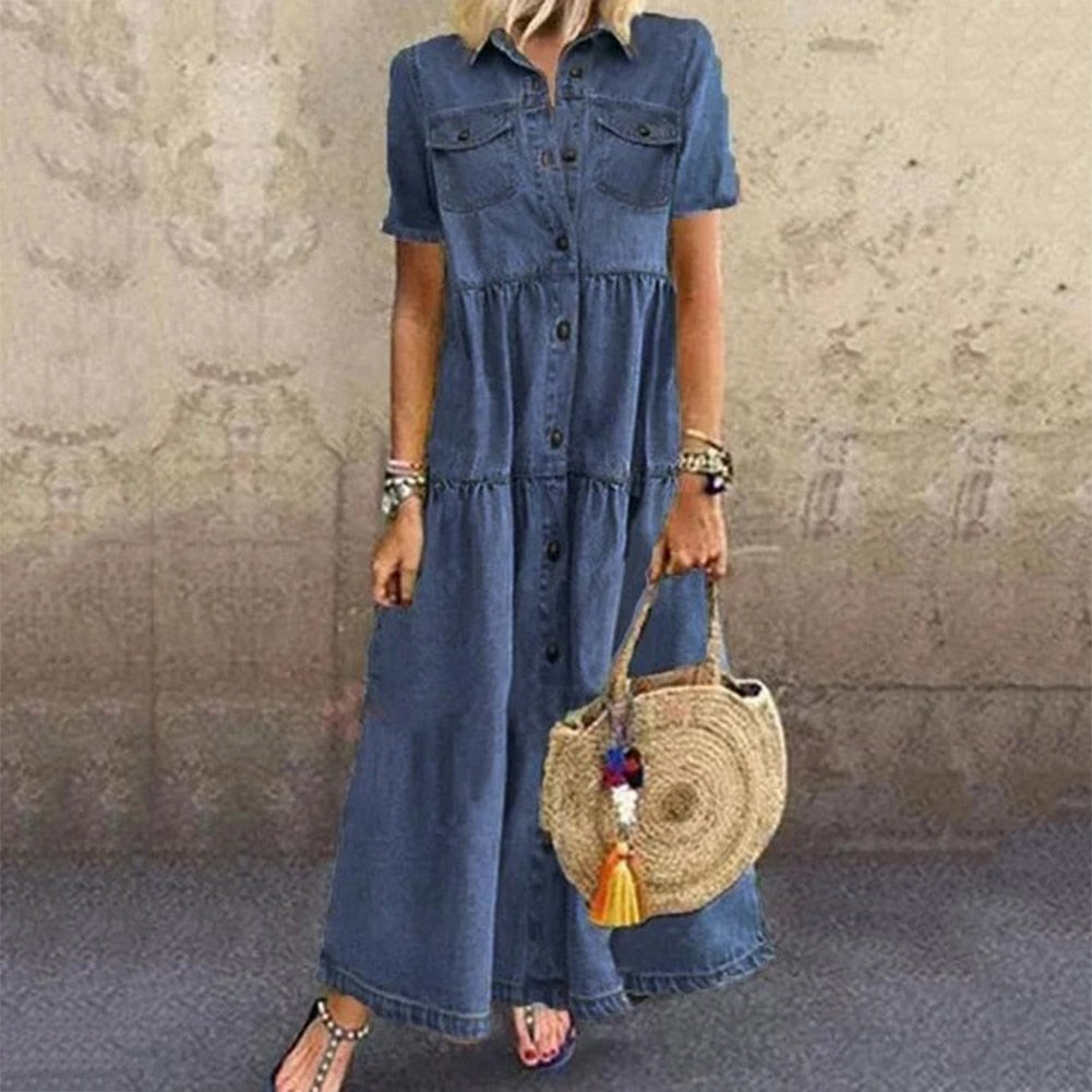 Chic Denim Midi Dress - Button-Down Shirt Dress for Effortless Style 1