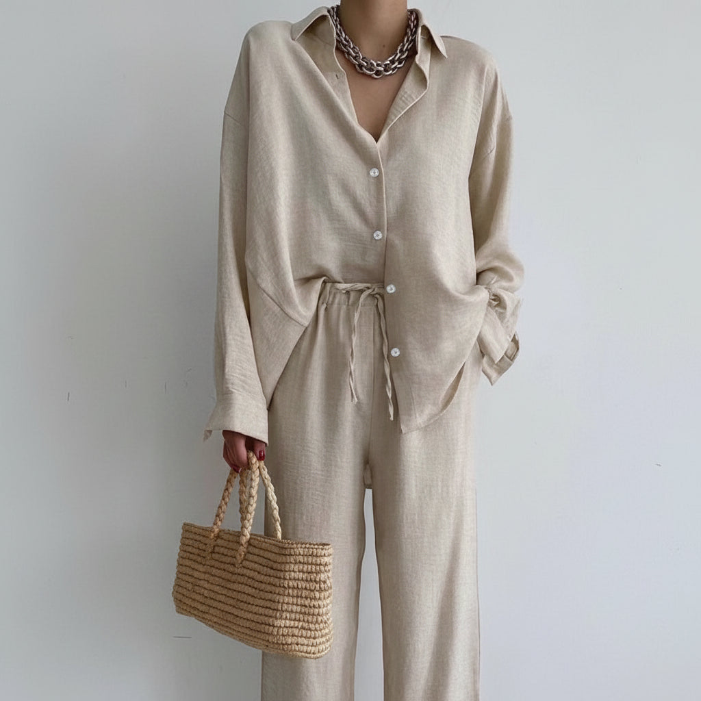 Chic Linen Blouse and Wide-Leg Pants Set for All-Season Elegance 0